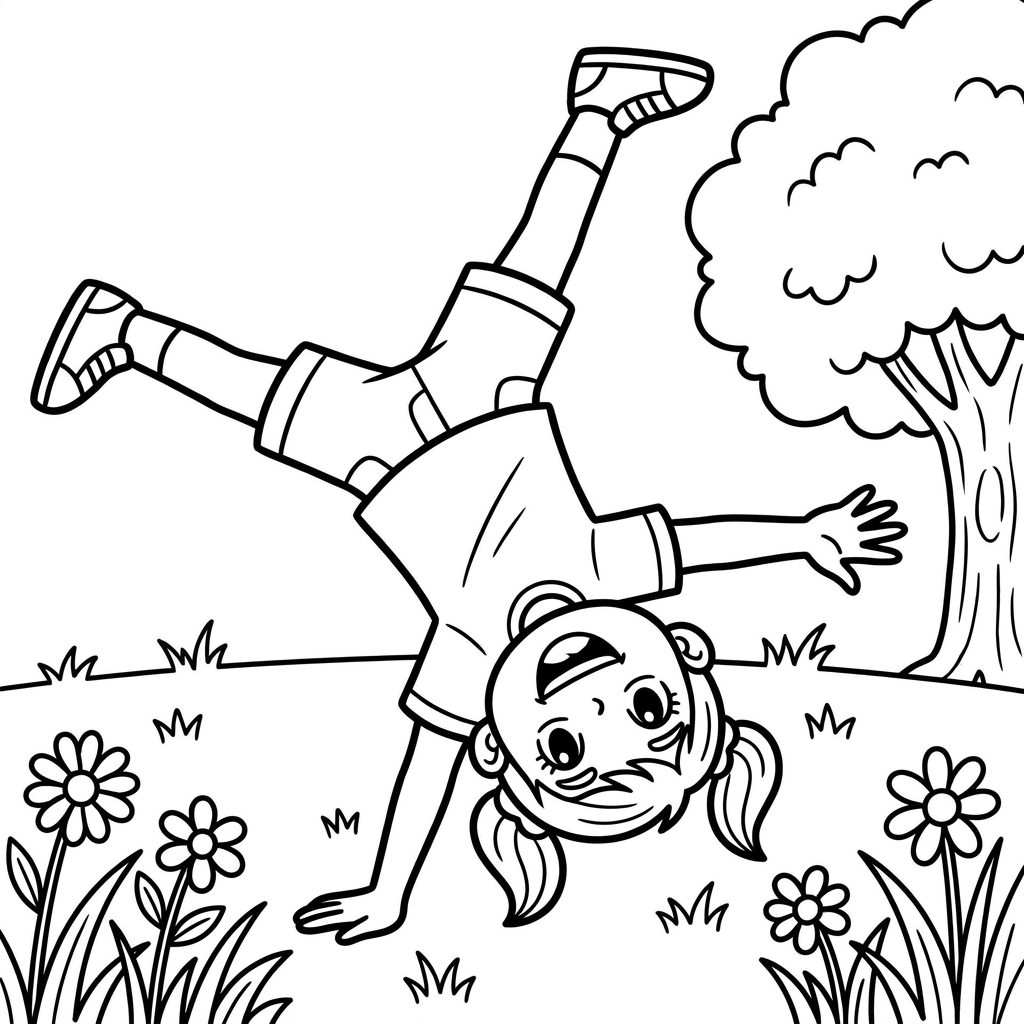 A free printable gymnastics coloring page showing a cartoon girl doing a cartwheel on a grassy field.